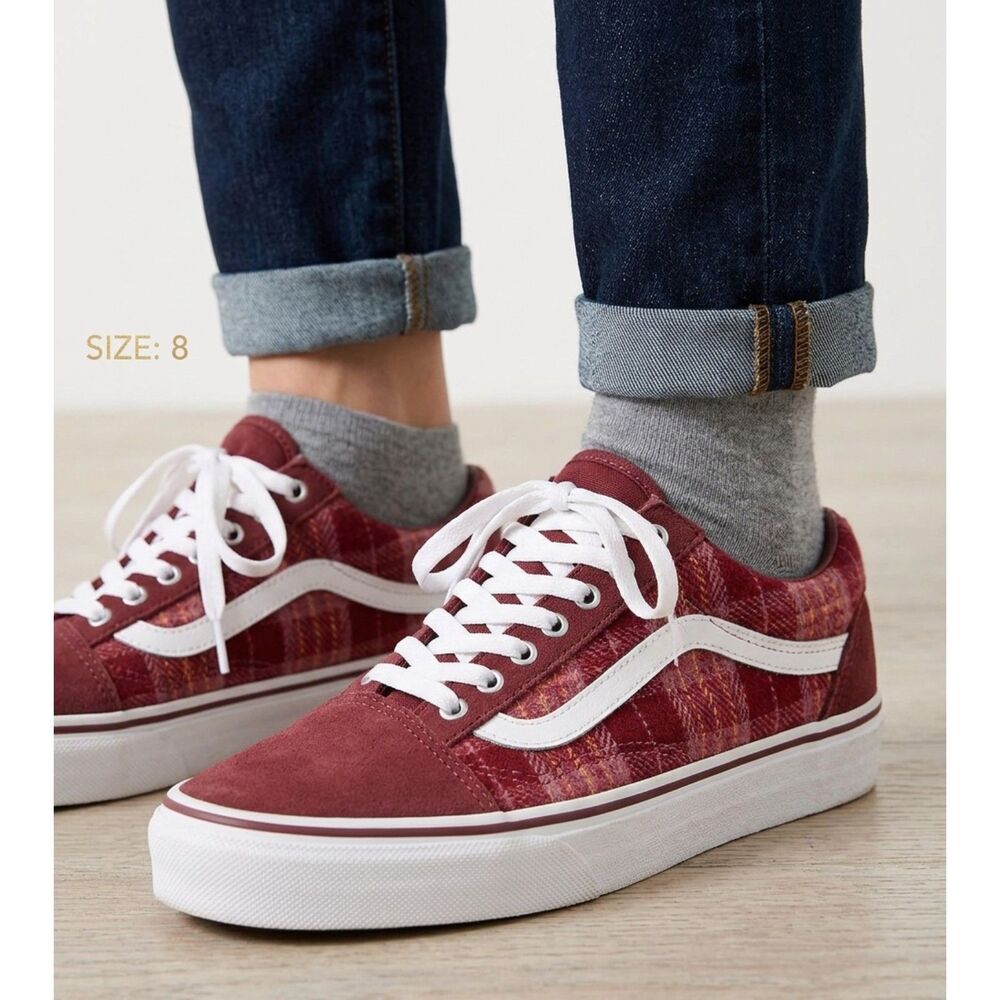 Vans Low Top Burgundy Plaid Houndstooth Sneakers Size 8 Collegiate Casual Preppy